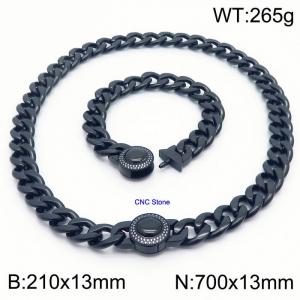 Black 13mm Cuban Link Necklace & Bracelet Set With CNC Stones - 70cm Necklace × 21cm Bracelet Versatile and Trendy Stainless Steel Jewelry - KS203340-Z