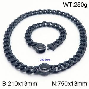 Black 13mm Cuban Link Necklace & Bracelet Set With CNC Stones - 75cm Necklace × 21cm Bracelet Versatile and Trendy Stainless Steel Jewelry - KS203341-Z