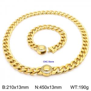 18K Gold 13mm Cuban Link Necklace & Bracelet Set With CNC Stones - 45cm Necklace × 21cm Bracelet Versatile and Trendy Stainless Steel Jewelry - KS203342-Z