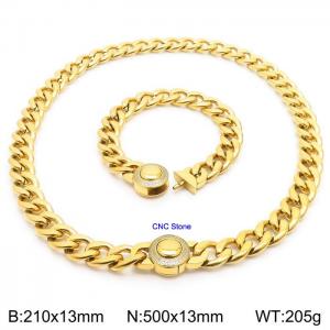 18K Gold 13mm Cuban Link Necklace & Bracelet Set With CNC Stones - 50cm Necklace × 21cm Bracelet Versatile and Trendy Stainless Steel Jewelry - KS203343-Z