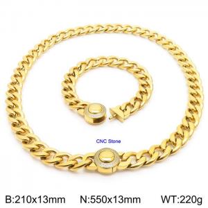 18K Gold 13mm Cuban Link Necklace & Bracelet Set With CNC Stones - 55cm Necklace × 21cm Bracelet Versatile and Trendy Stainless Steel Jewelry - KS203344-Z