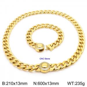 18K Gold 13mm Cuban Link Necklace & Bracelet Set With CNC Stones - 60cm Necklace × 21cm Bracelet Versatile and Trendy Stainless Steel Jewelry - KS203345-Z