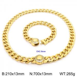 18K Gold 13mm Cuban Link Necklace & Bracelet Set With CNC Stones - 70cm Necklace × 21cm Bracelet Versatile and Trendy Stainless Steel Jewelry - KS203347-Z