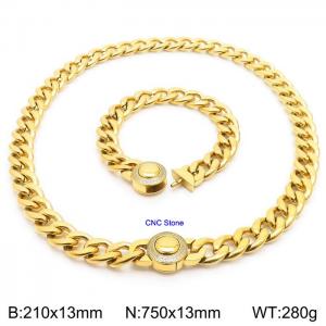 18K Gold 13mm Cuban Link Necklace & Bracelet Set With CNC Stones - 75cm Necklace × 21cm Bracelet Versatile and Trendy Stainless Steel Jewelry - KS203348-Z