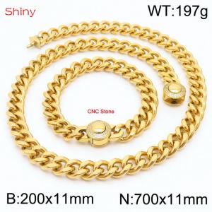 Unisex Gold-Plated Stainless Steel&CNC Stones Cuban Links&Round Clasp 700mm Necklace&200mm Bracelet Jewelry Set - KS203953-Z