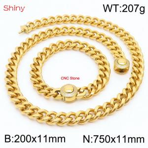Unisex Gold-Plated Stainless Steel&CNC Stones Cuban Links&Round Clasp 750mm Necklace&200mm Bracelet Jewelry Set - KS203954-Z