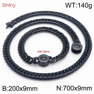 Black Color Stainless Steel Cuban Chain CNC Stone Clasp 700×9mm Necklace 200×9mm Bracelet For Men Women Fashion Jewelry Sets - KS203988-Z