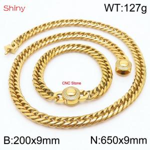 Gold Color Stainless Steel Cuban Chain CNC Stone Clasp 650×9mm Necklace 200×9mm Bracelet For Men Women Fashion Jewelry Sets - KS203994-Z