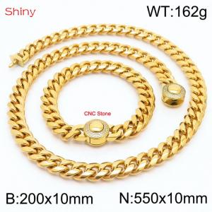 Hip hop style stainless steel 10mm polished Cuban chain with gold plated CNC men's bracelet necklace two-piece set - KS204006-Z