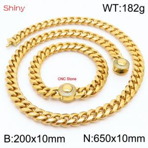 Hip hop style stainless steel 10mm polished Cuban chain with gold plated CNC men's bracelet necklace two-piece set - KS204008-Z