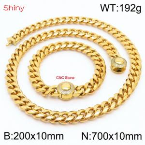 Hip hop style stainless steel 10mm polished Cuban chain with gold plated CNC men's bracelet necklace two-piece set - KS204009-Z