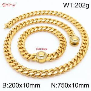Hip hop style stainless steel 10mm polished Cuban chain with gold plated CNC men's bracelet necklace two-piece set - KS204010-Z
