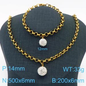 Stainless Steel Set Necklace And Bracelet O Chain With Stone Ball Gold Color - KS204243-Z