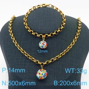 Stainless Steel Set Necklace And Bracelet O Chain With Colorful Stone Ball Gold Color - KS204245-Z