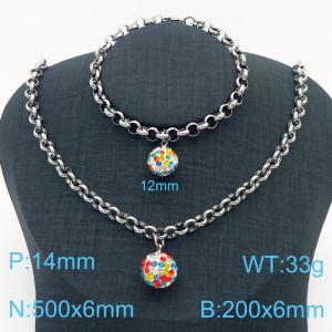 Stainless Steel Set Necklace And Bracelet O Chain With Colorful Stone Ball Silver Color - KS204246-Z