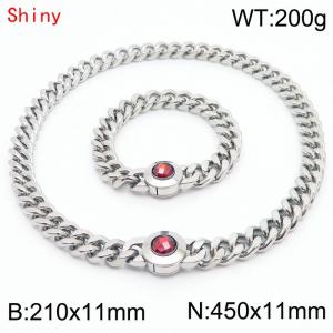 Personalized and trendy titanium steel polished Cuban chain silver bracelet necklace set, paired with red crystal snap closure - KS204252-Z