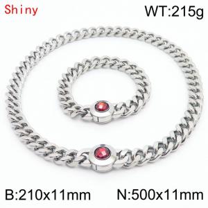 Personalized and trendy titanium steel polished Cuban chain silver bracelet necklace set, paired with red crystal snap closure - KS204253-Z