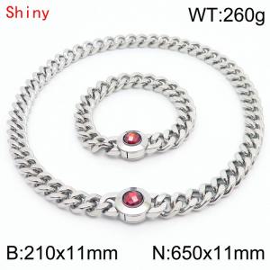 Personalized and trendy titanium steel polished Cuban chain silver bracelet necklace set, paired with red crystal snap closur - KS204256-Z