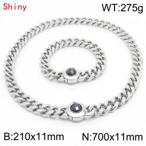Personalized and trendy titanium steel polished Cuban chain silver bracelet necklace set, paired with black crystal snap closure - KS204271-Z