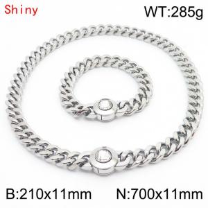 Personalized and trendy titanium steel polished Cuban chain silver bracelet necklace set, paired with white crystal snap closure - KS204285-Z
