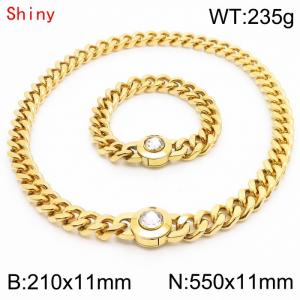 Personalized and trendy titanium steel polished Cuban chain gold bracelet necklace set, paired with white crystal snap closure - KS204289-Z