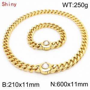 Personalized and trendy titanium steel polished Cuban chain gold bracelet necklace set, paired with white crystal snap closure - KS204290-Z