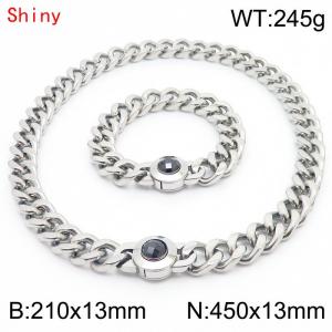 Fashion Curb Cuban Link Chain 210×13mm Bracelet 450×13mm Necklace for Men Women Basic Punk Stainless Steel Black Stone Clasp Jewelry Sets - KS204308-Z