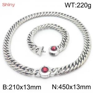 Punk Cuban Link Chain Stainless Steel 210×13mm Bracelet 450×13mm Necklace Men Women Waterproof Silver Color Red Stone Clasp Jewelry Sets - KS204336-Z