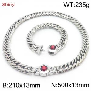 Punk Cuban Link Chain Stainless Steel 210×13mm Bracelet 500×13mm Necklace Men Women Waterproof Silver Color Red Stone Clasp Jewelry Sets - KS204337-Z