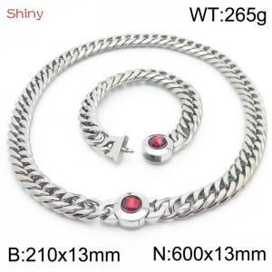Punk Cuban Link Chain Stainless Steel 210×13mm Bracelet 600×13mm Necklace Men Women Waterproof Silver Color Red Stone Clasp Jewelry Sets - KS204339-Z