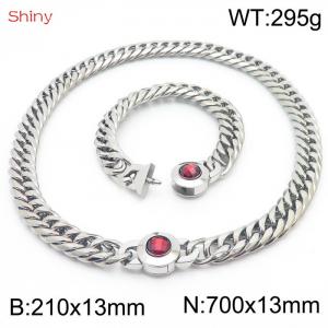 Punk Cuban Link Chain Stainless Steel 210×13mm Bracelet 700×13mm Necklace Men Women Waterproof Silver Color Red Stone Clasp Jewelry Sets - KS204341-Z