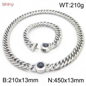 Punk Cuban Link 210×13mm Bracelet 450×13mm Necklace For Men Women Statement Chunky Stainless Steel Silver Color Thick Chain Black Stone Clasp Jewelry Sets - KS204343-Z