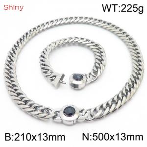 Punk Cuban Link 210×13mm Bracelet 500×13mm Necklace For Men Women Statement Chunky Stainless Steel Silver Color Thick Chain Black Stone Clasp Jewelry Sets - KS204344-Z