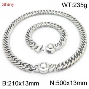 Simple Exaggerated Cuban Link Chain White Stone Clasp Stainless Steel 210×13mm Bracelet 500×13mm Necklace for Men Women Hip Hop Distorted Thick Chain Creative Fashion Glamour Jewelry Sets - KS204351-Z
