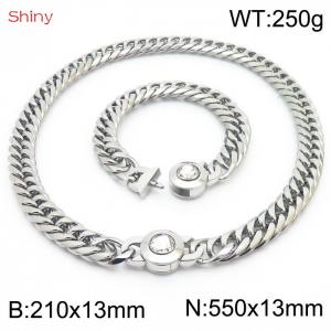 Simple Exaggerated Cuban Link Chain White Stone Clasp Stainless Steel 210×13mm Bracelet 550×13mm Necklace for Men Women Hip Hop Distorted Thick Chain Creative Fashion Glamour Jewelry Sets - KS204352-Z