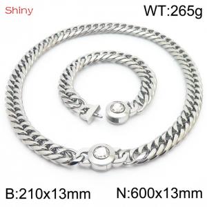 Simple Exaggerated Cuban Link Chain White Stone Clasp Stainless Steel 210×13mm Bracelet 600×13mm Necklace for Men Women Hip Hop Distorted Thick Chain Creative Fashion Glamour Jewelry Sets - KS204353-Z