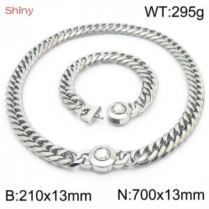 Simple Exaggerated Cuban Link Chain White Stone Clasp Stainless Steel 210×13mm Bracelet 700×13mm Necklace for Men Women Hip Hop Distorted Thick Chain Creative Fashion Glamour Jewelry Sets - KS204355-Z