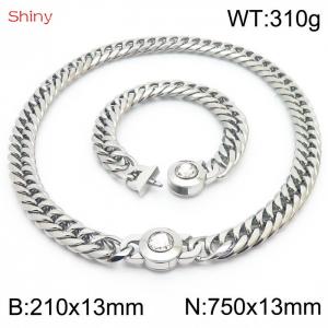Simple Exaggerated Cuban Link Chain White Stone Clasp Stainless Steel 210×13mm Bracelet 750×13mm Necklace for Men Women Hip Hop Distorted Thick Chain Creative Fashion Glamour Jewelry Sets - KS204356-Z