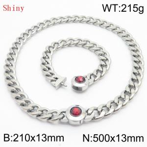 Stainless Steel&Red Zircon Cuban Chain Jewelry Set with 210mm Bracelet&500mm Necklace - KS204390-Z