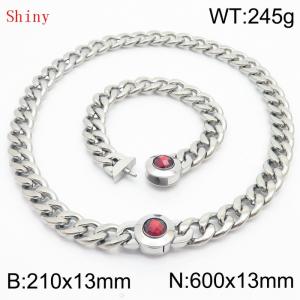 Stainless Steel&Red Zircon Cuban Chain Jewelry Set with 210mm Bracelet&600mm Necklace - KS204392-Z