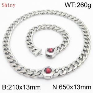 Stainless Steel&Red Zircon Cuban Chain Jewelry Set with 210mm Bracelet&650mm Necklace - KS204393-Z