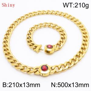 Gold-Plated Stainless Steel&Red Zircon Cuban Chain Jewelry Set with 210mm Bracelet&500mm Necklace - KS204397-Z