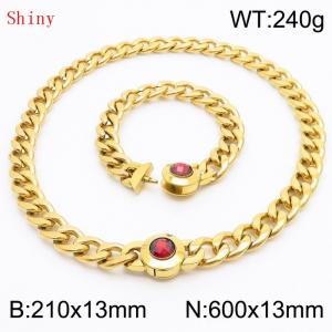 Gold-Plated Stainless Steel&Red Zircon Cuban Chain Jewelry Set with 210mm Bracelet&600mm Necklace - KS204399-Z