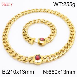 Gold-Plated Stainless Steel&Red Zircon Cuban Chain Jewelry Set with 210mm Bracelet&650mm Necklace - KS204400-Z