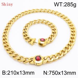 Gold-Plated Stainless Steel&Red Zircon Cuban Chain Jewelry Set with 210mm Bracelet&750mm Necklace - KS204402-Z