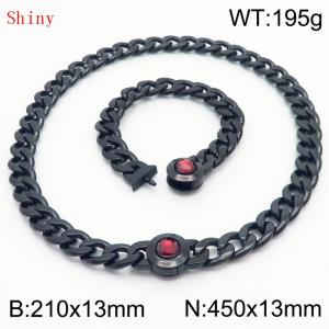 Black-Plated Stainless Steel&Red Zircon Cuban Chain Jewelry Set with 210mm Bracelet&450mm Necklace - KS204403-Z