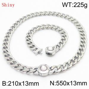Stainless Steel&Translucent Zircon Cuban Chain Jewelry Set with 210mm Bracelet&550mm Necklace - KS204433-Z
