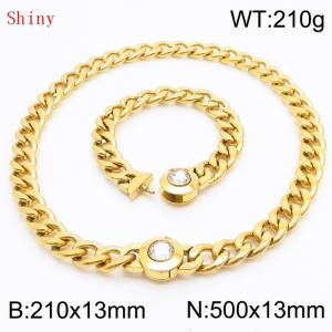 Gold-Plated Stainless Steel&Translucent Zircon Cuban Chain Jewelry Set with 210mm Bracelet&500mm Necklace - KS204439-Z