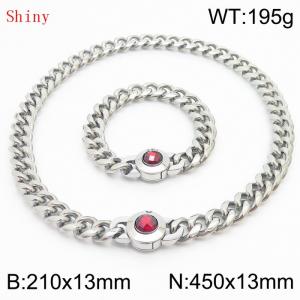 Fashionable and personalized stainless steel 210×13mm&450×13mm Cuban Chain Polished Round Buckle Inlaid with Red Glass Diamond Charm Silver Set - KS204473-Z