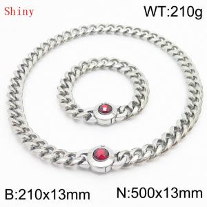 Fashionable and personalized stainless steel 210×13mm&500×13mm Cuban Chain Polished Round Buckle Inlaid with Red Glass Diamond Charm Silver Set - KS204474-Z